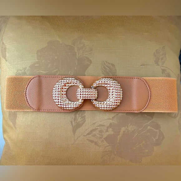 Tan Brown and Gold Toned Stretch Waist Belt - Picture 2 of 5